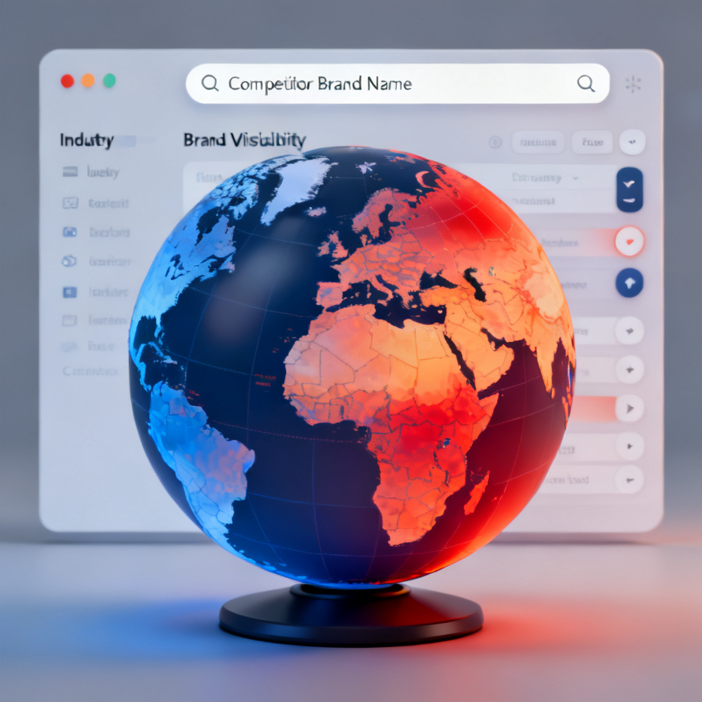 A 3D globe interface with heatmap overlays representing brand visibility across industries, with a search bar for "Competitor Brand Name".