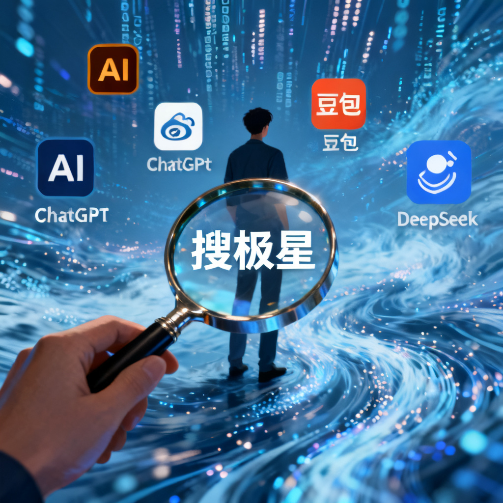 一个人站在信息洪流中,面前有多个AI图标(如ChatGPT、豆包、DeepSeek),手中拿着一个放大镜,放大镜上标有‘搜极星’字样,背景有数据流。