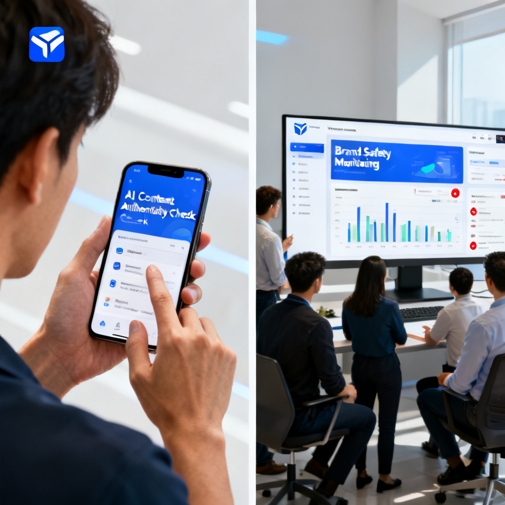 A side-by-side comparison of an individual user checking AI content authenticity on a mobile app, and an enterprise team monitoring a dashboard for brand safety, both using the same tool