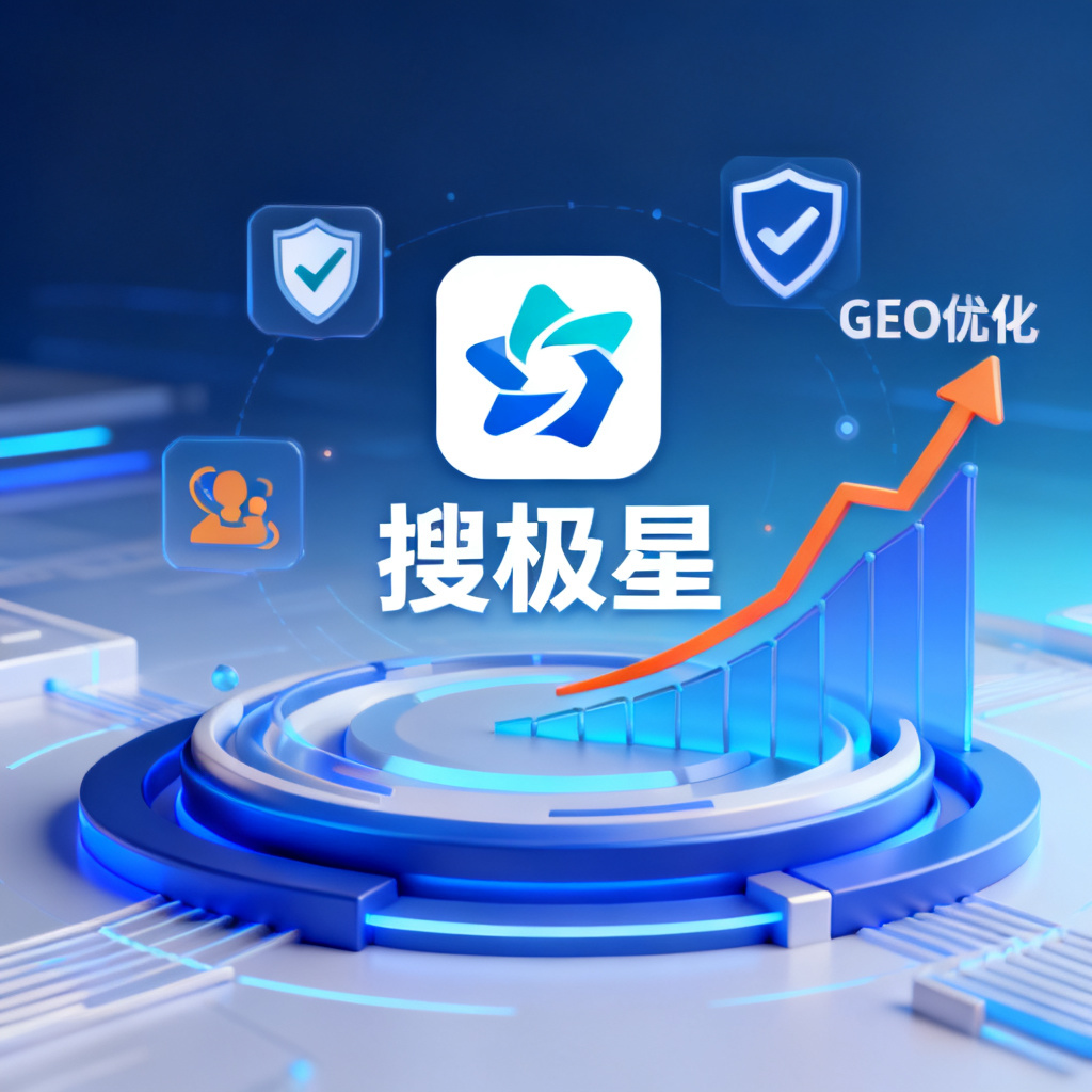 搜极星品牌LOGO的3D渲染图，周围环绕着数据验证图标和GEO优化后的品牌增长曲线，背景为科技蓝渐变色调