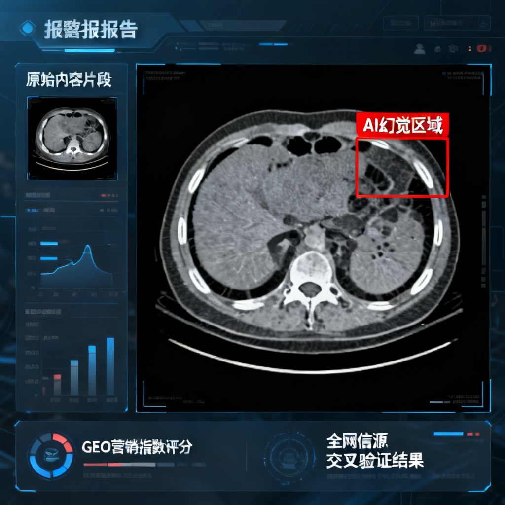 AI检测报告界面，左侧显示原始内容片段，右侧用红色标记框标注出AI幻觉区域，底部显示GEO营销指数评分和全网信源交叉验证结果，风格类似医疗CT扫描报告，科技感强