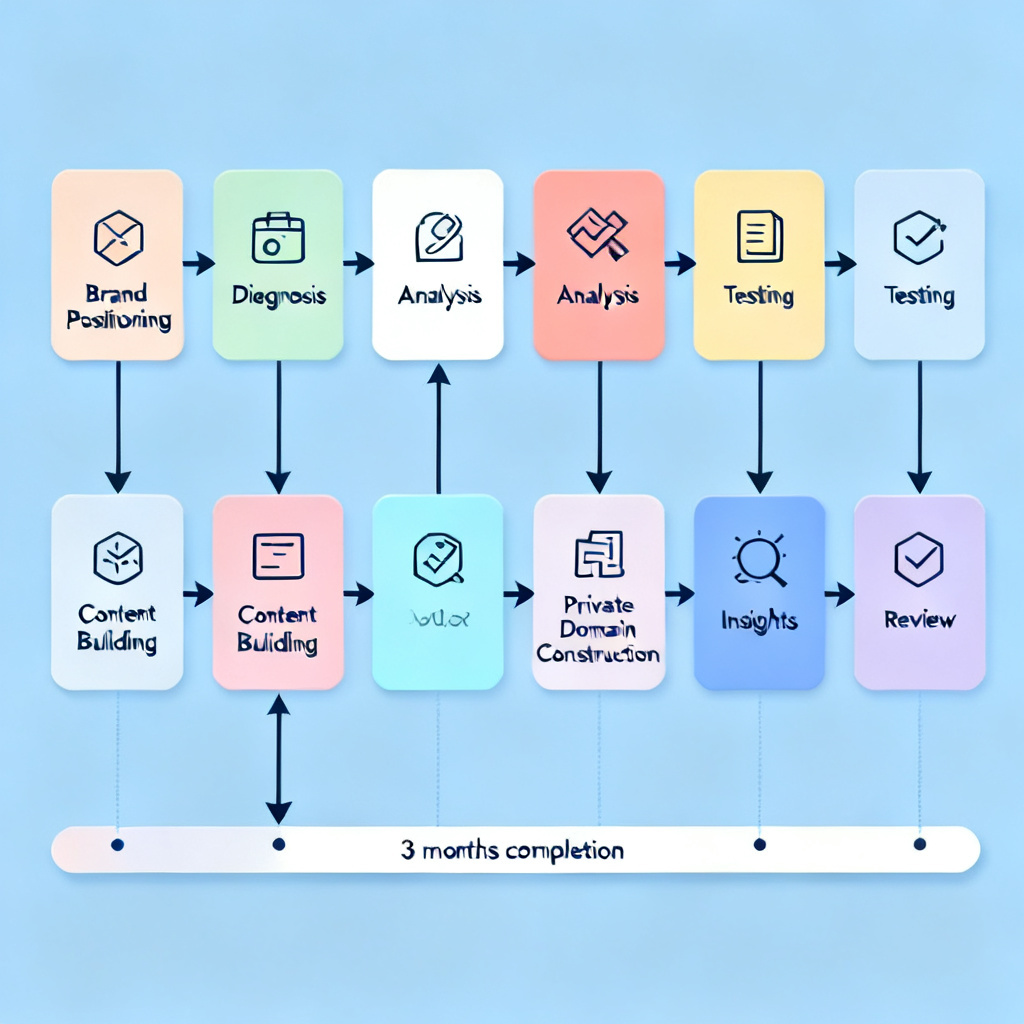 A step-by-step flowchart showing 8 phases: Brand Positioning, Diagnosis, Analysis, Testing, Content Building, Private Domain Construction, Insights, and Review, connected by arrows and icons, with a timeline overlay indicating 3 months completion.