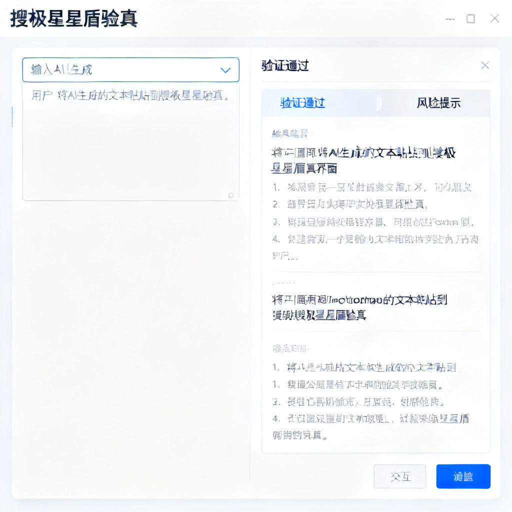 一位用户将AI生成的文本粘贴到搜极星星盾验真界面，界面左侧显示输入框，右侧显示“验证通过”和“风险提示”两类结果