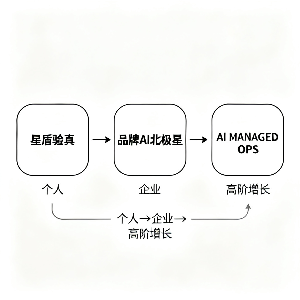 一张流程图，展示从“星盾验真”到“品牌AI北极星”再到“AI MANAGED OPS”的升级路径，标注“个人→企业→高阶增长”，风格简洁，带箭头