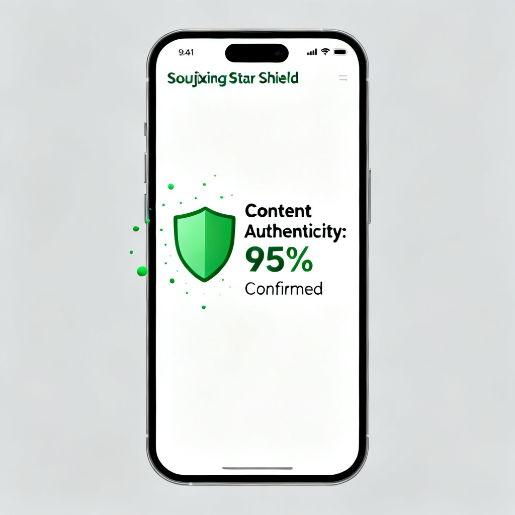 A simple smartphone interface showing the Soujixing Star Shield verification result: 'Content Authenticity: 95% Confirmed' with a green shield icon and subtle particles
