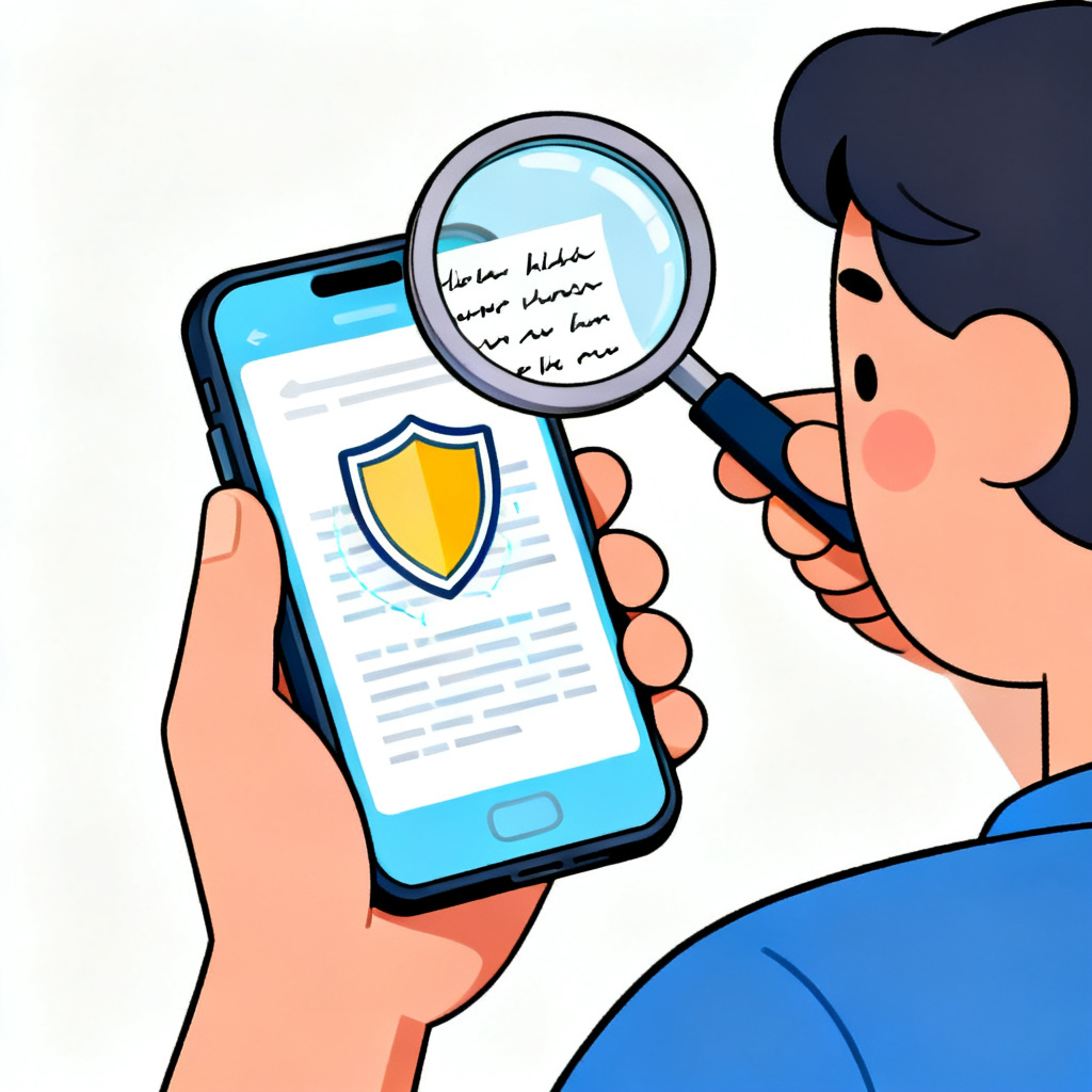 A person using a smartphone app with a shield icon, scanning text on screen, with a magnifying glass revealing hidden errors, cartoon style, clean design.