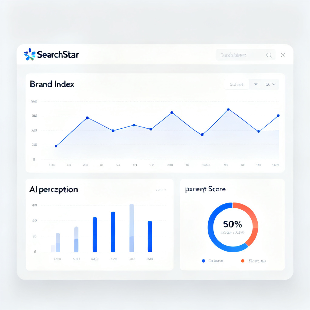 A dashboard displaying brand index and AI perception scores, interface clean with a "SearchStar" logo