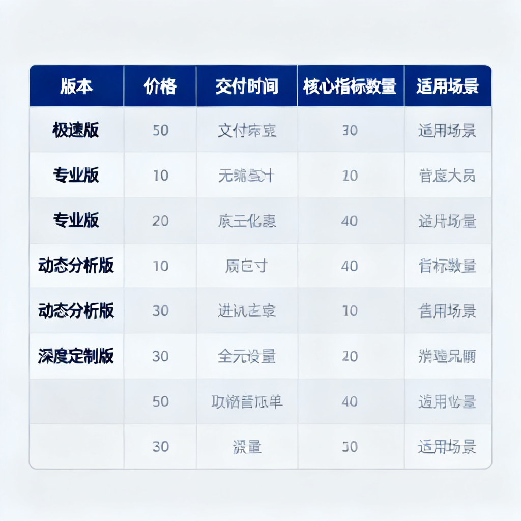 搜极星付费服务对比表格，清晰列出极速版、专业版、动态分析版、深度定制版的价格、交付时间、核心指标数量、适用场景等，使用蓝色和灰色配色，表格布局整洁。