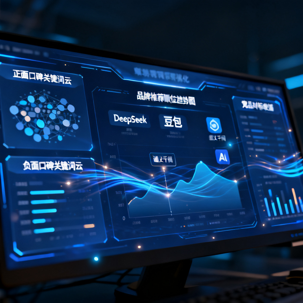 动态数据可视化仪表盘，展示多个AI模型（DeepSeek、豆包、通义千问等）的品牌推荐顺位趋势图，左侧是正面/负面口碑关键词云，右侧是竞品对标数据，深蓝色科技感界面