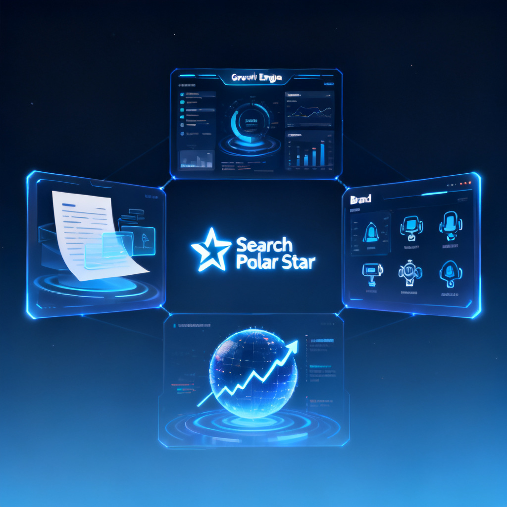 A holographic interface showing four interconnected modules floating in a dark blue gradient space, with "Search Polar Star" logo glowing at the center. The left module displays a document scanning animation, the right module shows a brand dashboard with multiple AI model icons, the top module presents a growth engine dashboard, and the bottom module visualizes a market data sphere with rising trend lines.