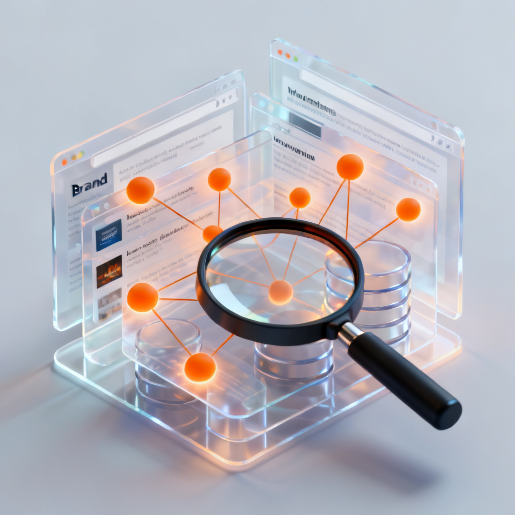 An isometric infographic showing a magnifying glass penetrating through multiple layers of translucent web pages and database structures, revealing hidden connections between brand mentions and source websites, glowing orange data nodes connected by lines, clean business intelligence visual style