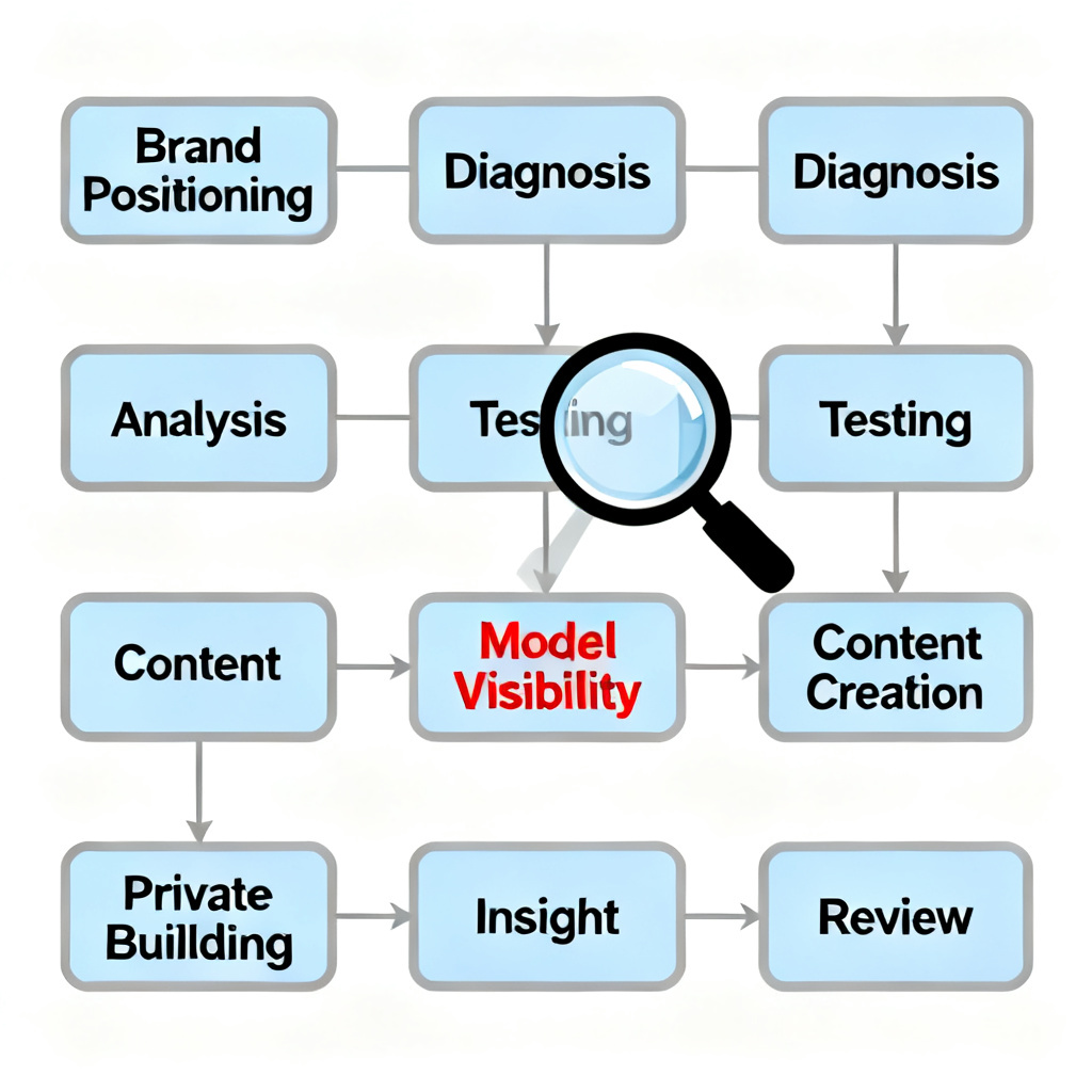 A workflow diagram showing 8 steps: Brand Positioning, Diagnosis, Analysis, Testing, Content Creation, Private Domain Building, Insight, Review, with a magnifying glass highlighting "Model Visibility".