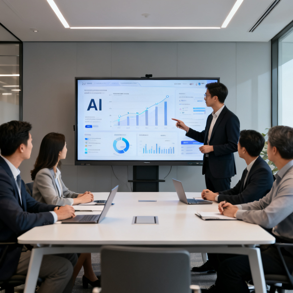 A corporate team meeting with a digital dashboard showing AI metrics, a consultant pointing at screen, modern office, professional atmosphere, 4K