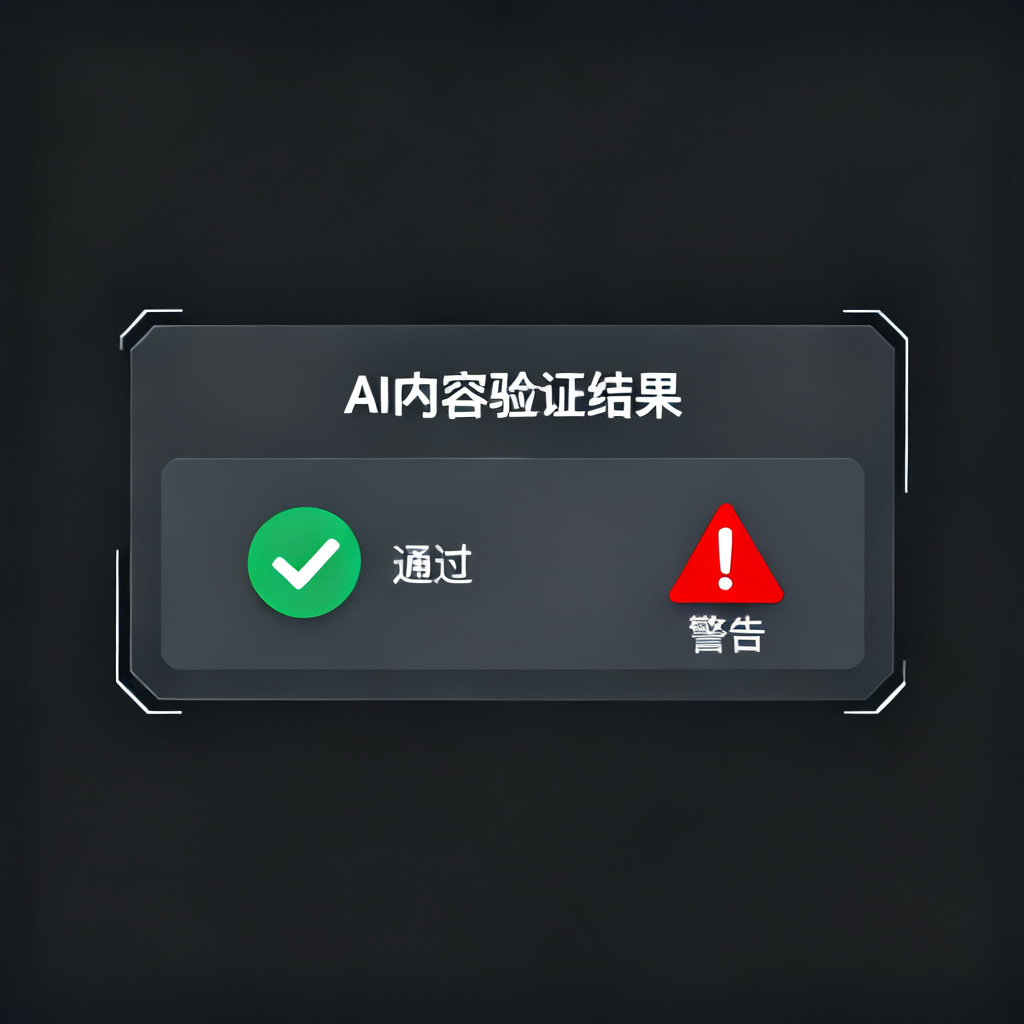 搜极星星盾验真功能界面，显示AI内容验证结果，绿色通过标记和红色警告标记，极简科技风格