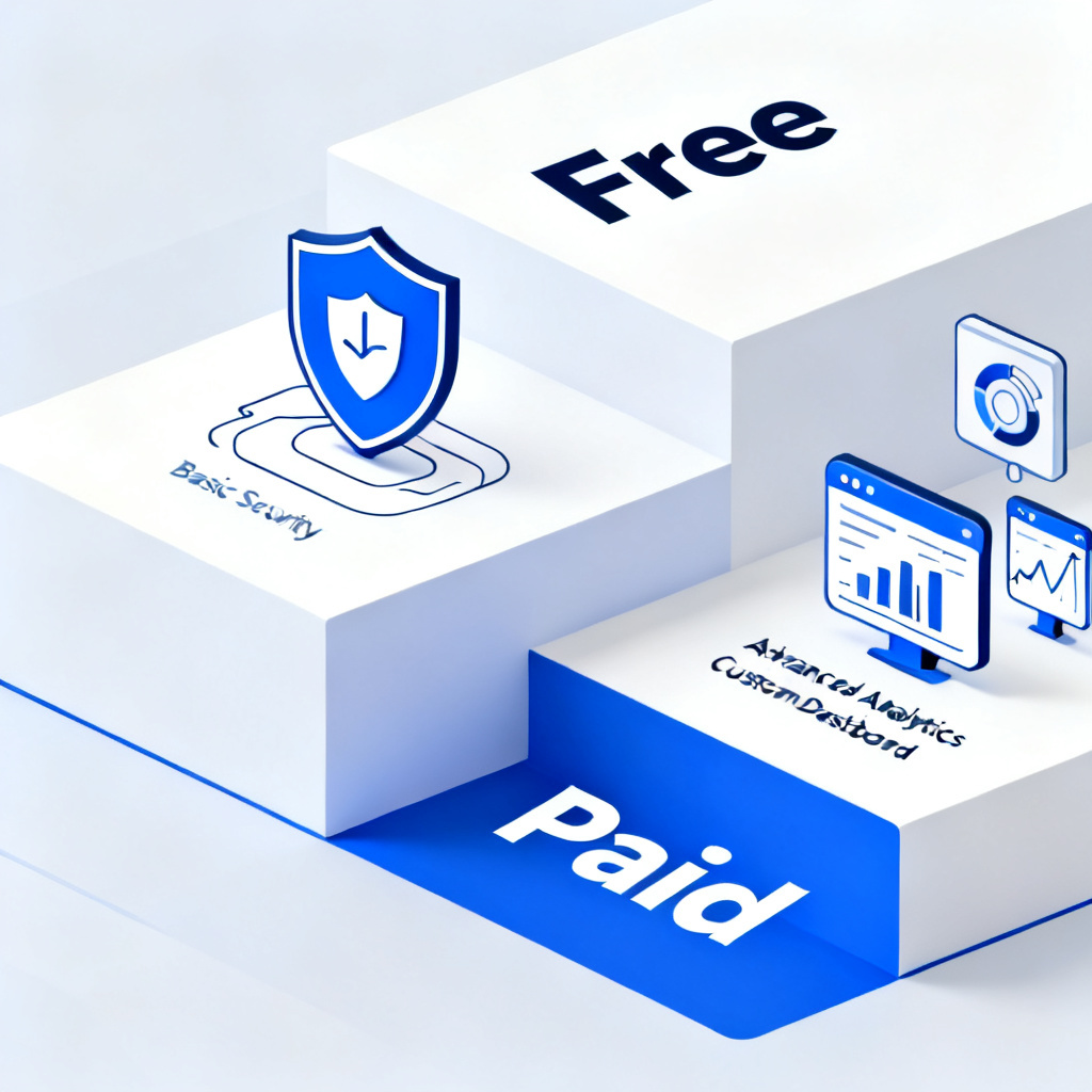 A tiered infographic showing 'Free' and 'Paid' tiers of a service, with icons for shield, analytics, and dashboard, minimalistic, blue and white color scheme.