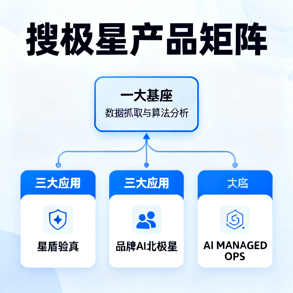 一张信息图，展示搜极星的“一大基座+三大应用”产品矩阵，基座为数据抓取与算法分析，三大应用分别为星盾验真、品牌AI北极星、AI MANAGED OPS，布局清晰