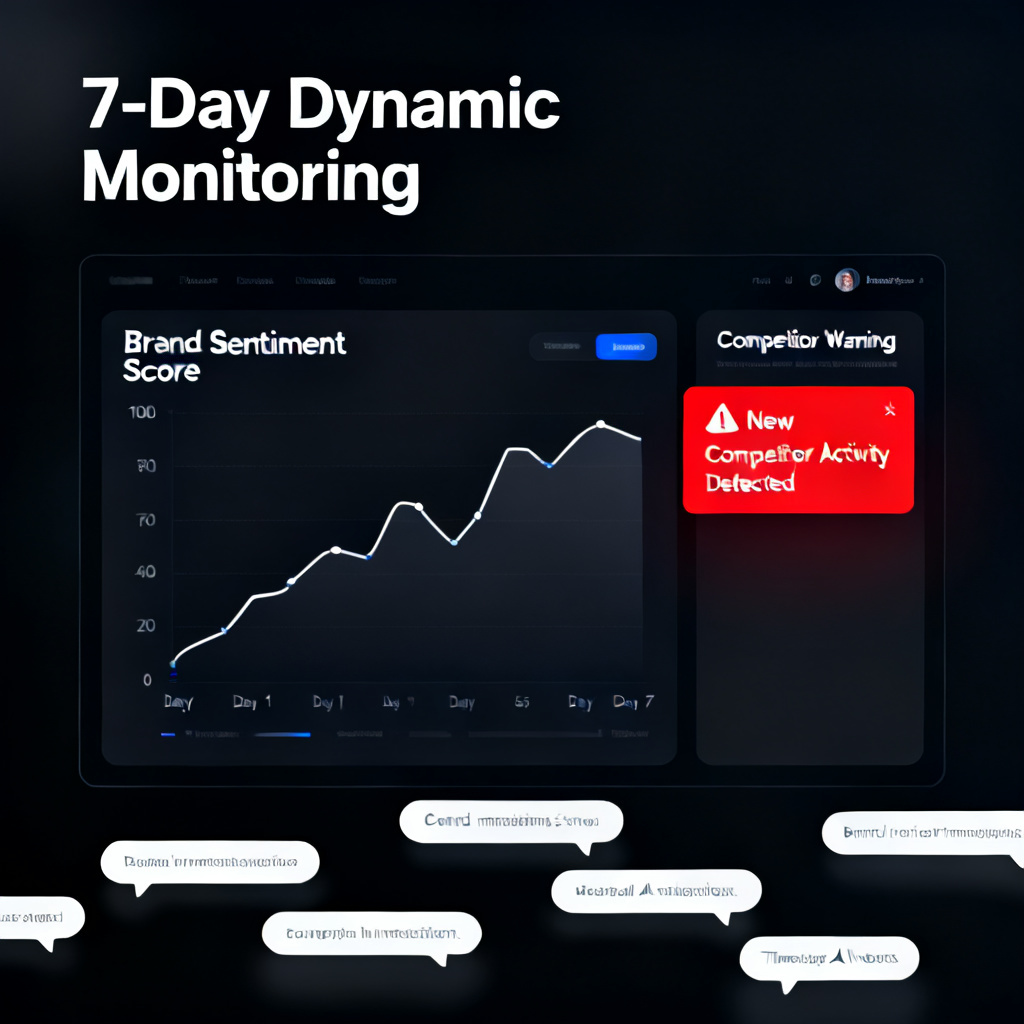 A dashboard interface showing "7-Day Dynamic Monitoring" with real-time alerts for brand mentions in AI models, including a graph of "Brand Sentiment Score" over time and a "Competitor Warning" notification, sleek dark theme