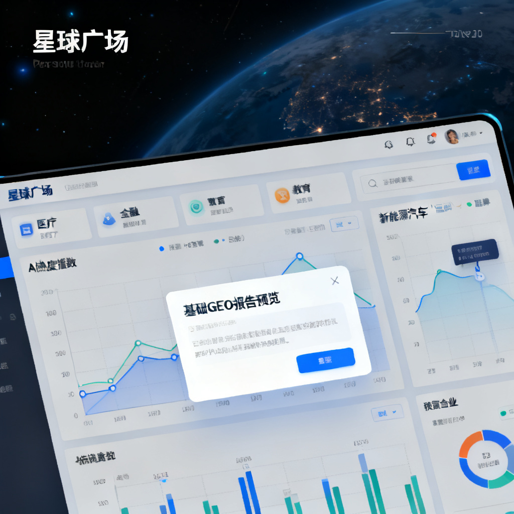 星球广场页面，显示多个行业（如医疗、金融、教育）的AI热度指数趋势图，用户正在搜索“新能源汽车”品牌，弹出基础GEO报告预览