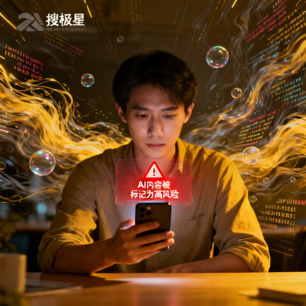 一个普通用户正在使用搜极星的星盾验真功能,屏幕上显示AI内容被标记为“高风险”,背景是混乱的AI信息流,风格写实,突出安全感和信任感