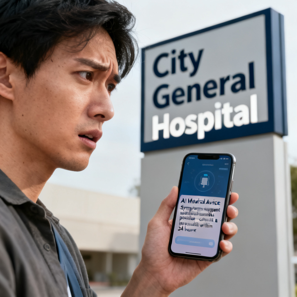 A person looking at a smartphone showing AI-generated medical advice, with a confused expression, standing near a hospital sign, realistic style, 4K