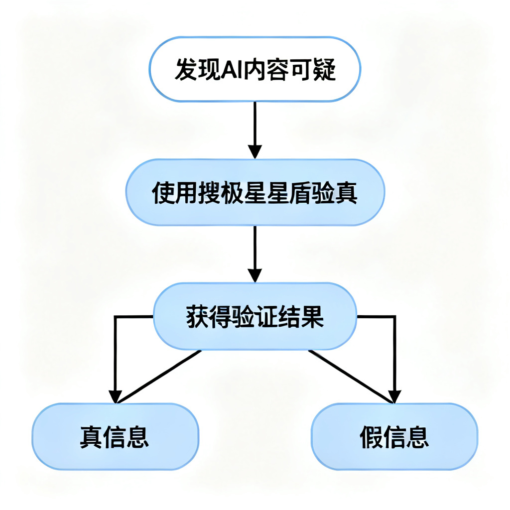 一张流程图，展示用户决策路径：从“发现AI内容可疑”到“使用搜极星星盾验真”到“获得验证结果”，最后分支为“真信息”或“假信息”。