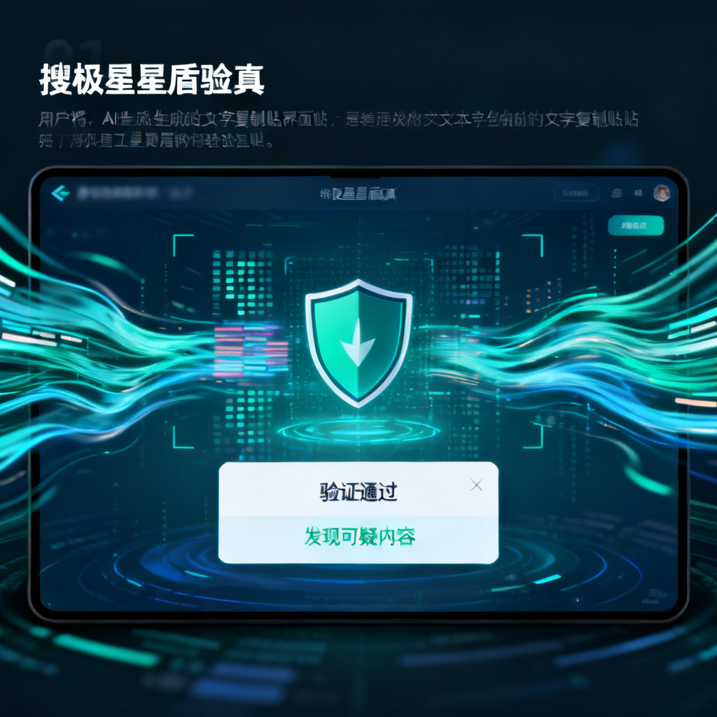 一个用户将AI生成的文本复制粘贴到搜极星星盾验真界面，界面显示扫描动画，最终弹出“验证通过”或“发现可疑内容”的提示，背景有数据流和盾牌图标