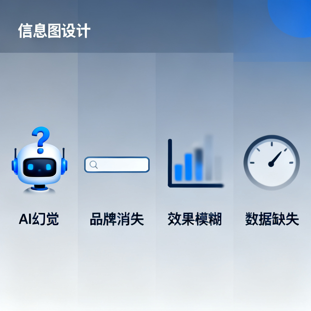 一张信息图显示四个痛点图标：AI幻觉（机器人头带问号）、品牌消失（搜索框无结果）、效果模糊（模糊的图表）、数据缺失（空白仪表盘）