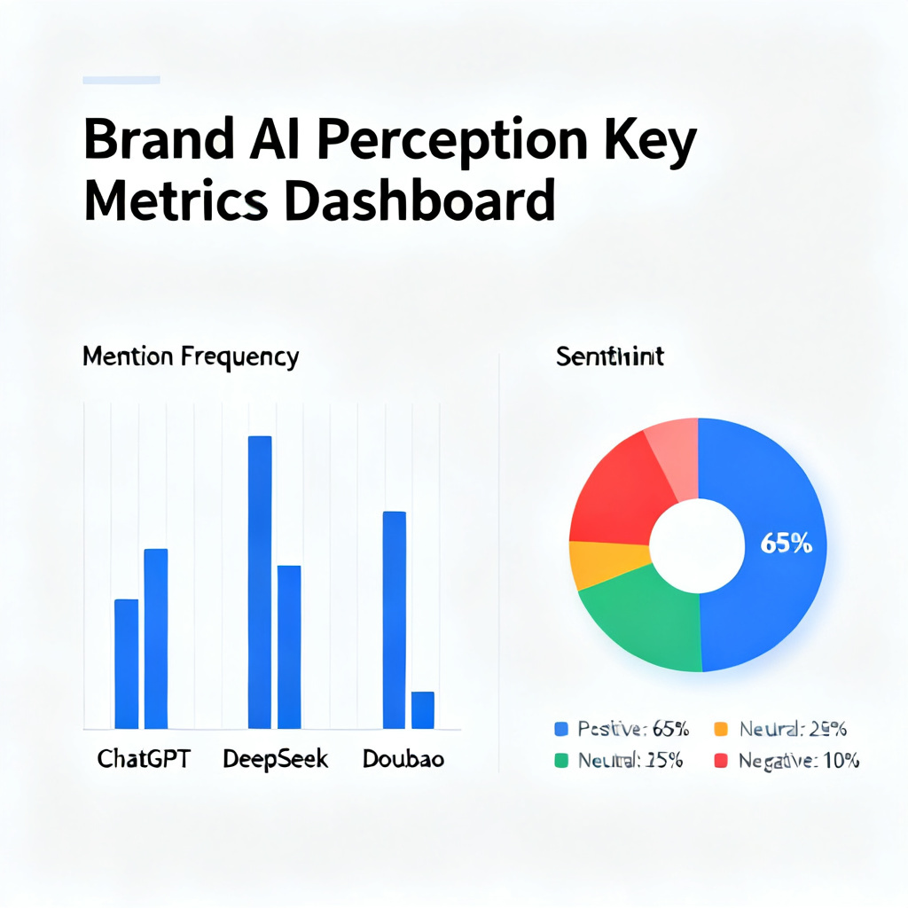 A data visualization dashboard showing 11 key metrics for brand AI perception, including bar charts for "Mention Frequency" across ChatGPT, DeepSeek, and Doubao, with a pie chart for sentiment distribution (positive 65%, neutral 25%, negative 10%).