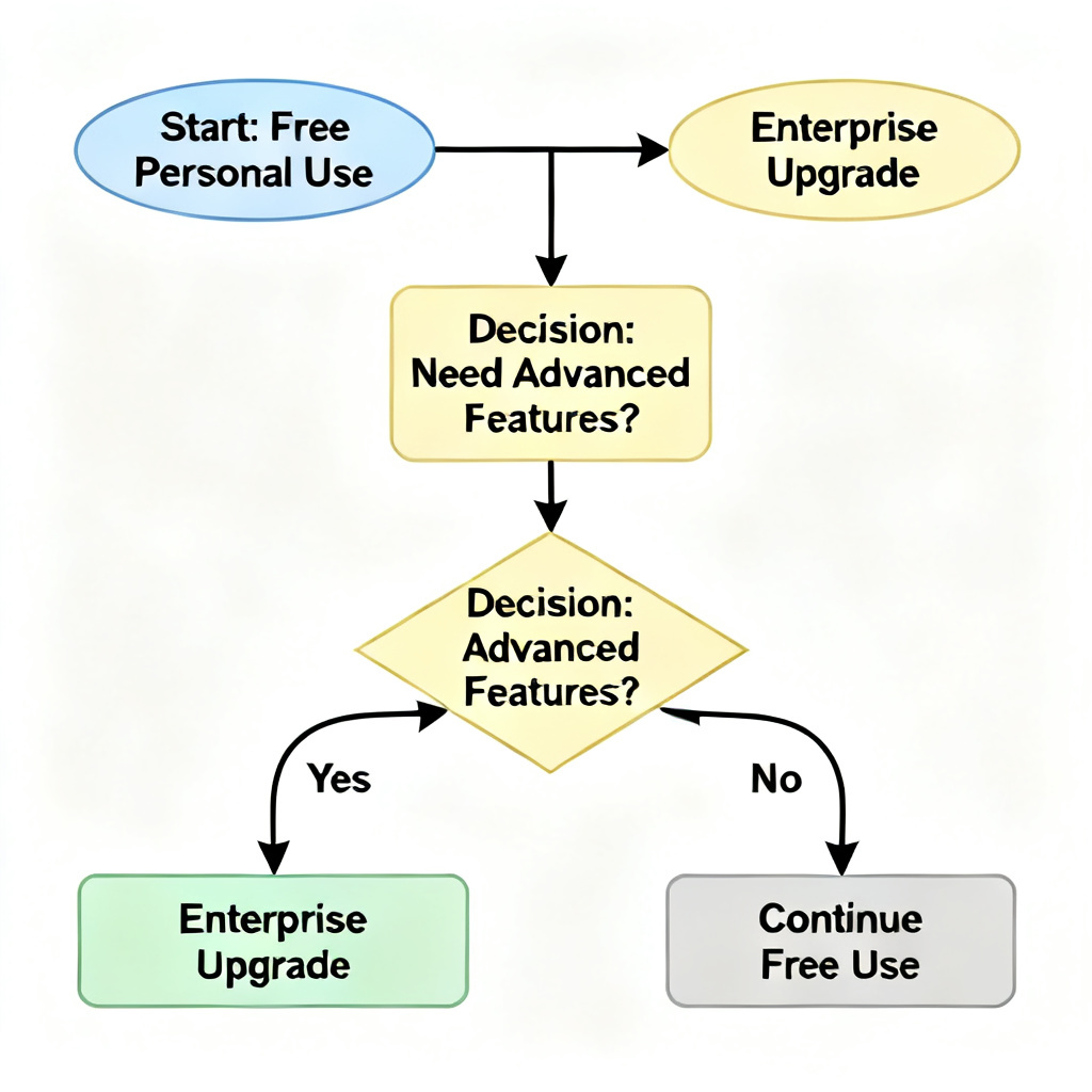 A flowchart diagram showing user journey from free personal use to enterprise upgrade, with decision nodes and arrows, clean white background, professional infographic style.