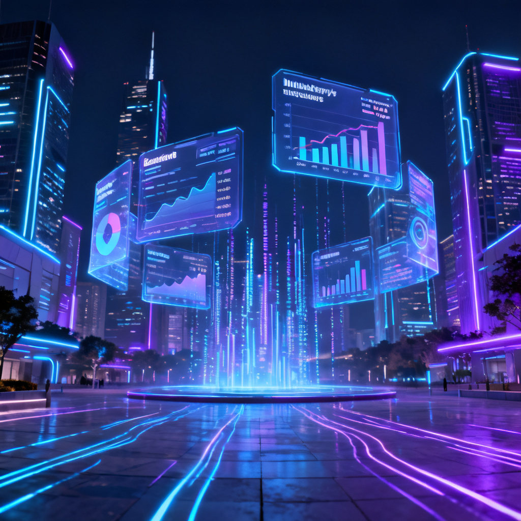A futuristic city square with holographic charts showing industry trends, brand rankings, and real-time data streams