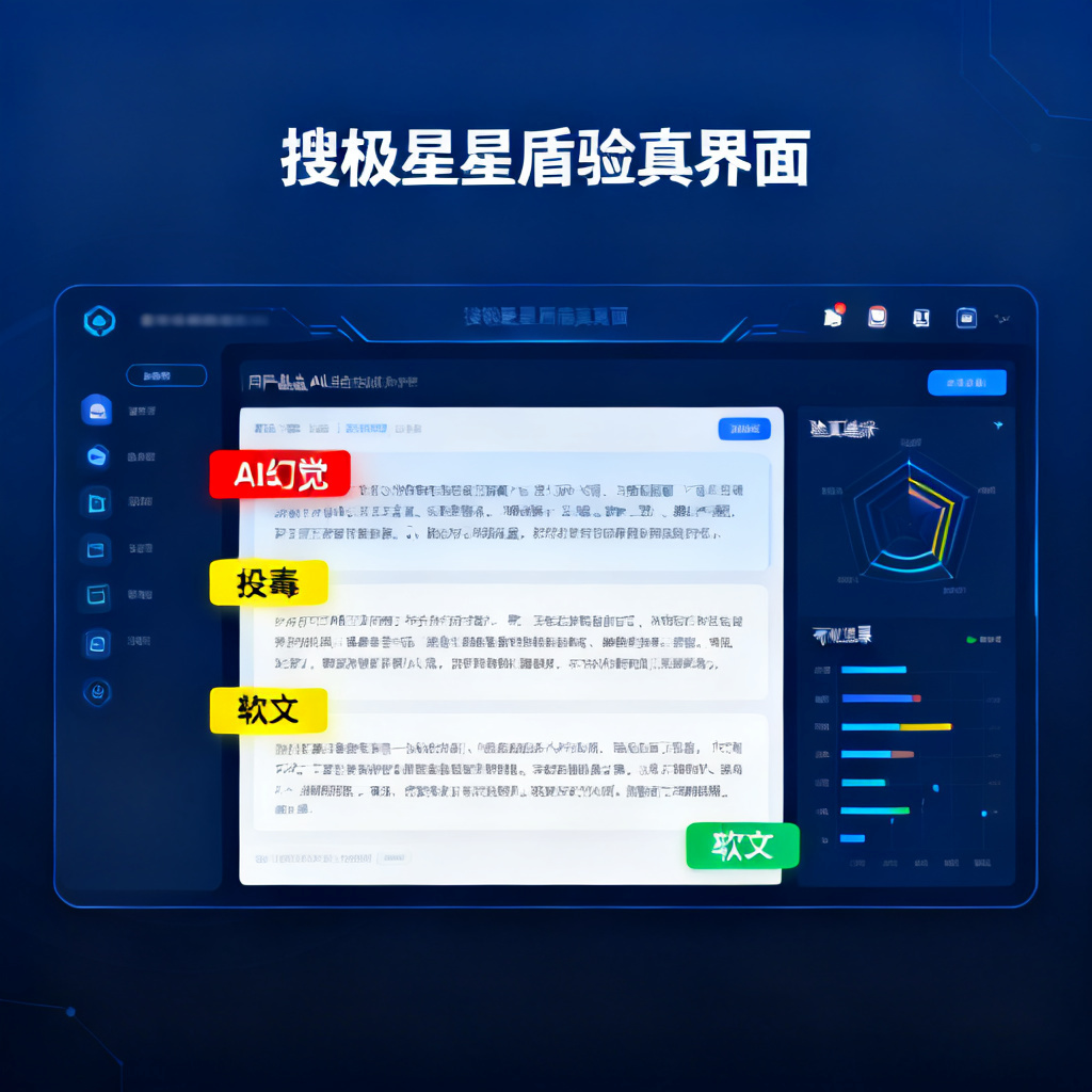 搜极星星盾验真界面示意图，展示用户粘贴AI生成内容后，系统自动标注AI幻觉、投毒和软文的可视化结果，背景为深蓝色科技风格