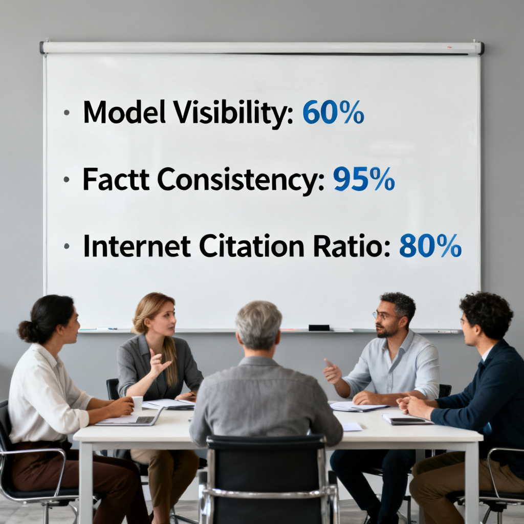 A team meeting discussing AI Managed Ops reports, with a whiteboard showing "Model Visibility: 60%", "Fact Consistency: 95%", and "Internet Citation Ratio: 80%".