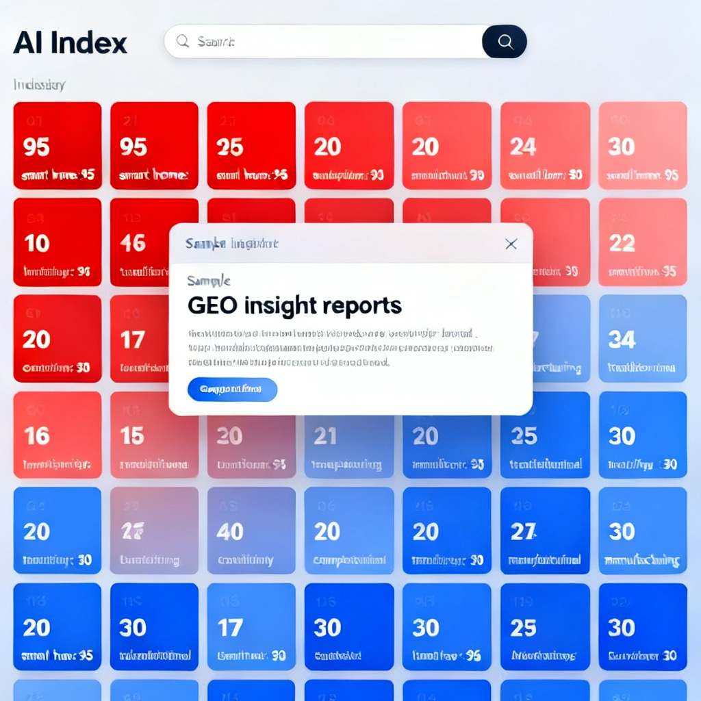A visual dashboard of the Planet Plaza interface, showing a heatmap of AI Index scores for 20 major industries. Each industry is represented by a colored tile, with red indicating high scores (e.g., 95 for smart home) and blue indicating low scores (e.g., 30 for traditional manufacturing). A search bar is visible at the top, and a sample GEO insight report for a competitor brand is displayed in a pop-up window.