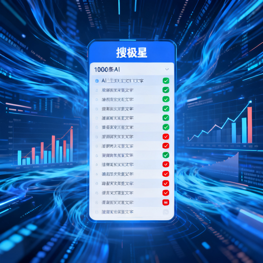 一个科技感十足的界面，显示搜极星正在同时分析1000条AI生成的文本，每条文本上标有绿色（正确）或红色（错误）标记，背景有数据流和图表