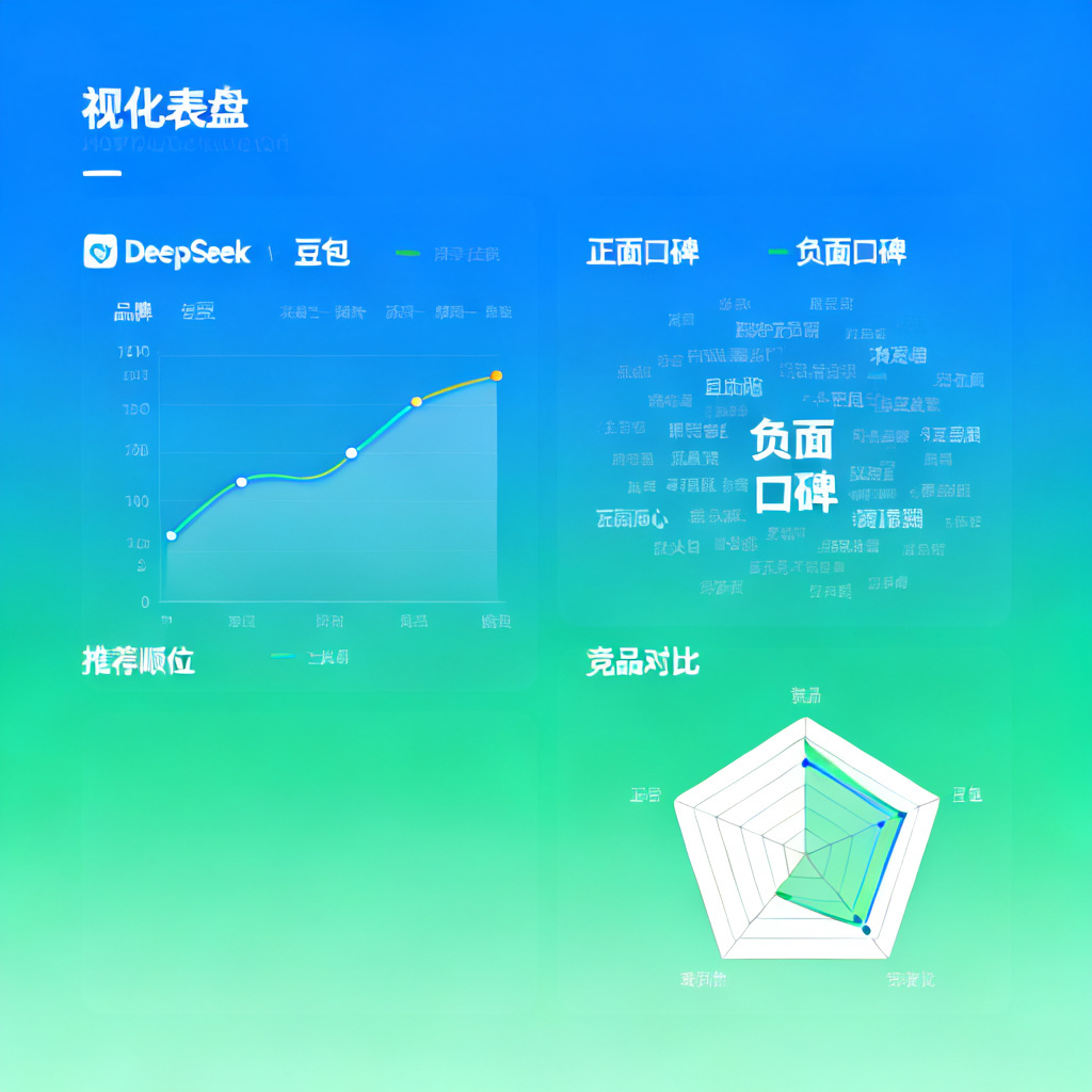仪表盘界面展示：左侧是品牌在DeepSeek、豆包等模型中的推荐顺位曲线，右侧是正面/负面口碑词云，底部有竞品对比雷达图