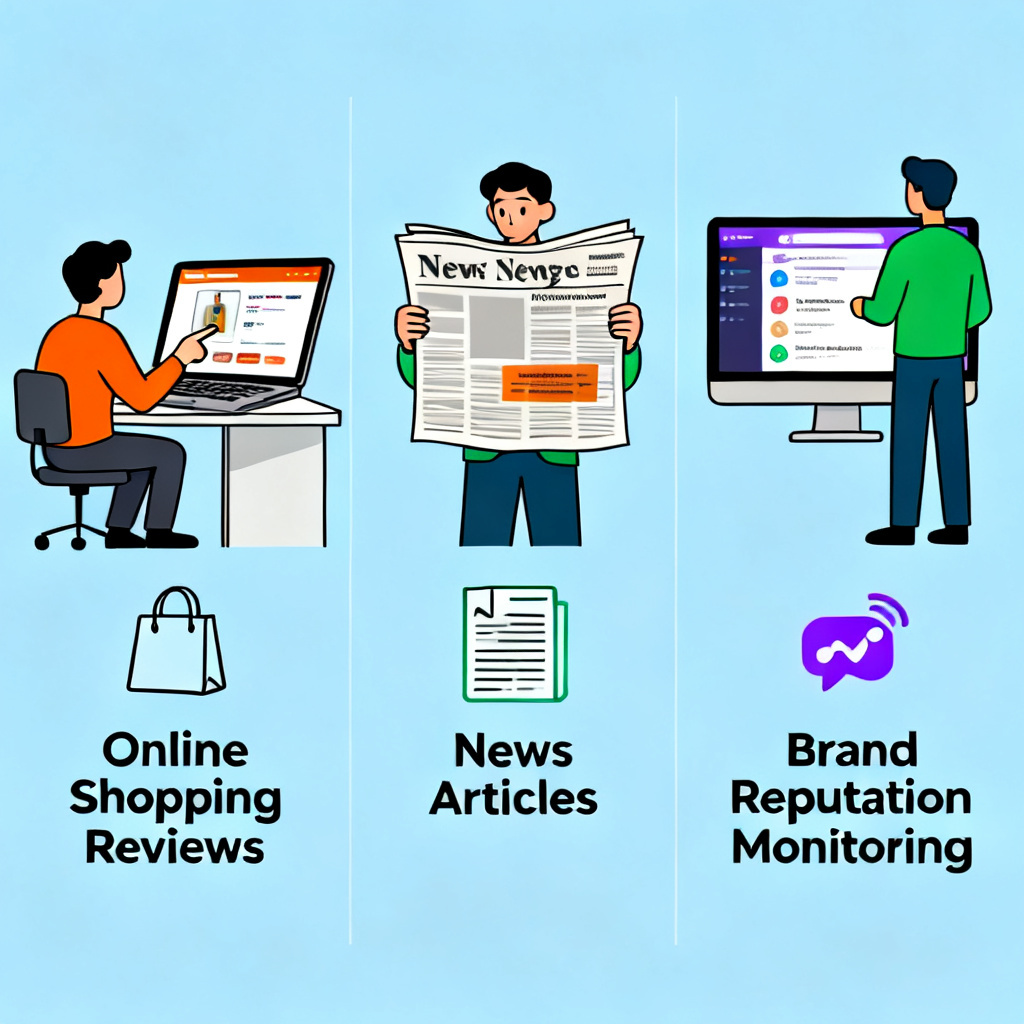 An illustration showing common scenarios where users might need to verify AI-generated content, such as online shopping reviews, news articles, and brand reputation monitoring.