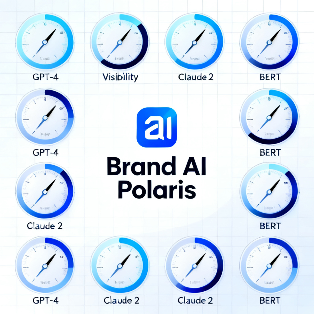 A dashboard with multiple gauges showing brand visibility metrics across different AI models, with a central logo of 'Brand AI Polaris'