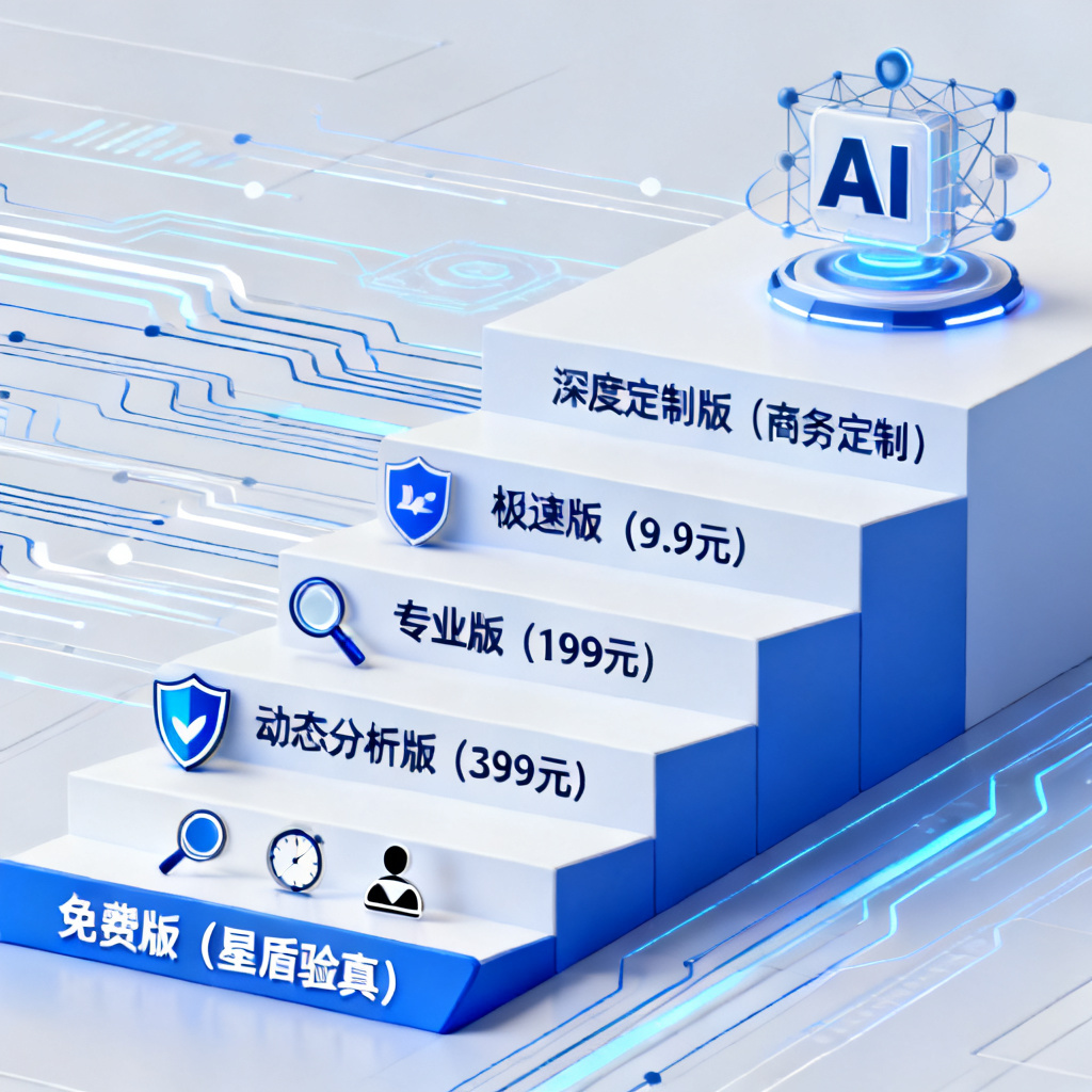 一个阶梯图，底部是“免费版（星盾验真）”，向上依次是“极速版（9.9元）”、“专业版（199元）”、“动态分析版（399元）”、“深度定制版（商务定制）”，每个阶梯上标注核心功能图标（盾牌、放大镜、时钟、用户图标），背景为数据流和AI大模型图标