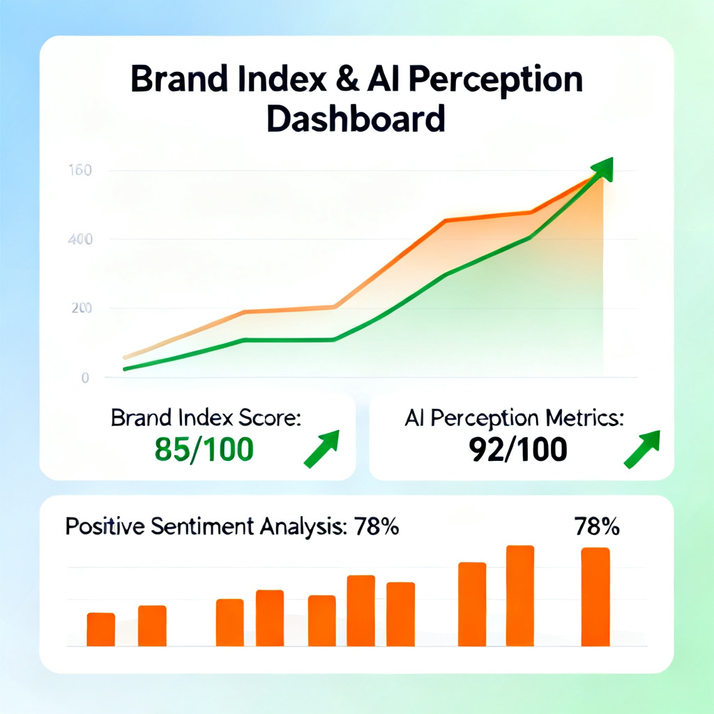 A dashboard showing brand index score and AI perception metrics, with upward trend lines and positive sentiment analysis.
