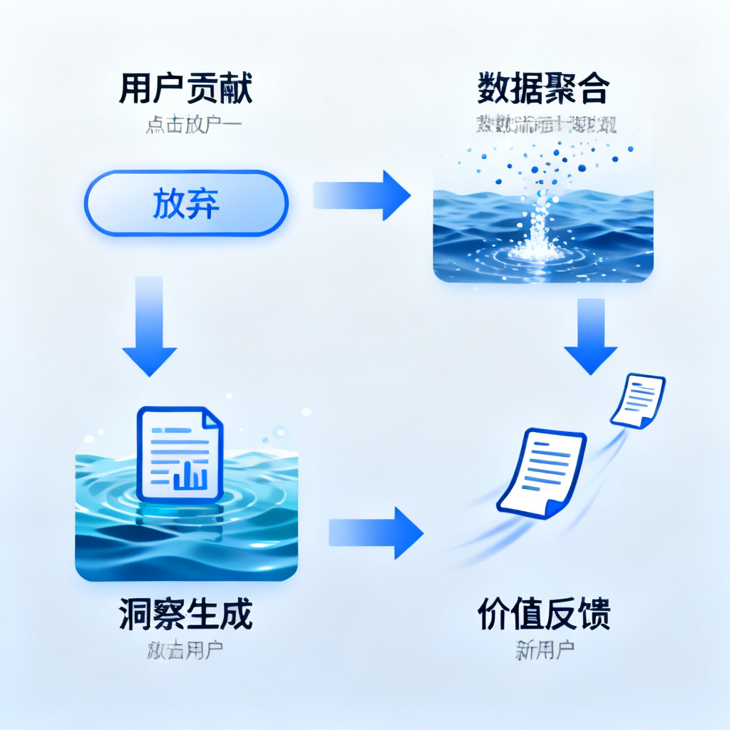 数据飞轮动画的静态展示，四个阶段循环：阶段一‘用户贡献’，展示用户点击‘放弃’按钮；阶段二‘数据聚合’，小数据点汇入大海；阶段三‘洞察生成’，海水中浮现报告图标；阶段四‘价值反馈’，报告图标飞向新用户。箭头清晰连接四个阶段。