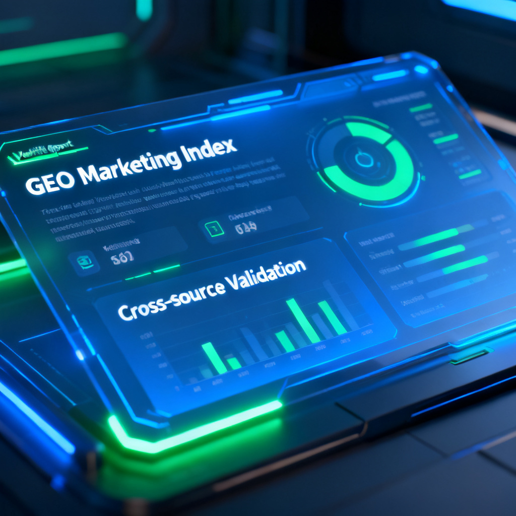 A futuristic interface showing a text verification report with metrics like 'GEO Marketing Index' and 'Cross-source Validation', glowing blue and green, clean UI