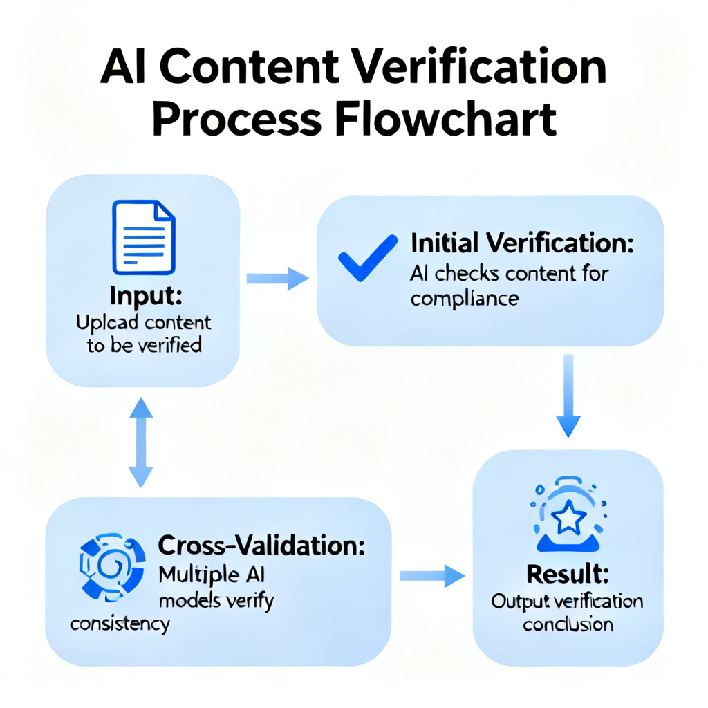 A flowchart showing the process of AI content verification from input to cross-validation and result, with icons, clean infographic style