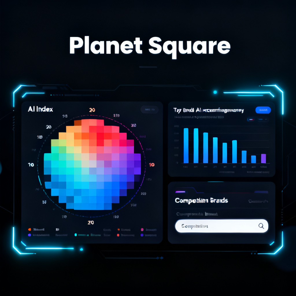 A data visualization interface for "Planet Square", showing a heatmap of AI Index scores across 20 major industries, a bar chart of top brands by AI recommendation frequency in a specific sector, and a search box for querying competitor brands. The design is futuristic and data-centric, with a dark theme and glowing elements.