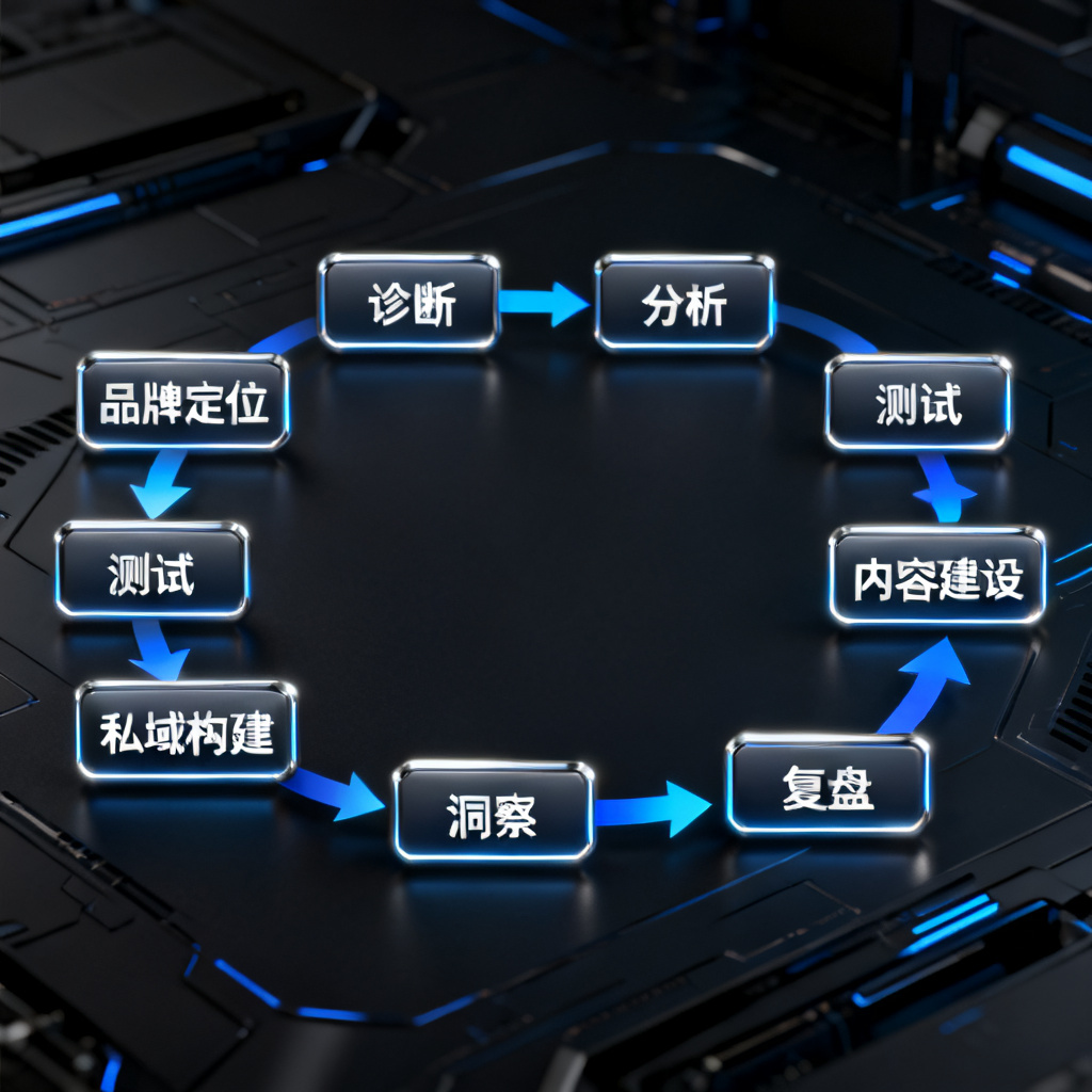 流程图展示AI MANAGED OPS的8步全流程,从左至右依次为“品牌定位”、“诊断”、“分析”、“测试”、“内容建设”、“私域构建”、“洞察”、“复盘”,箭头连接形成闭环,背景为深色科技风格