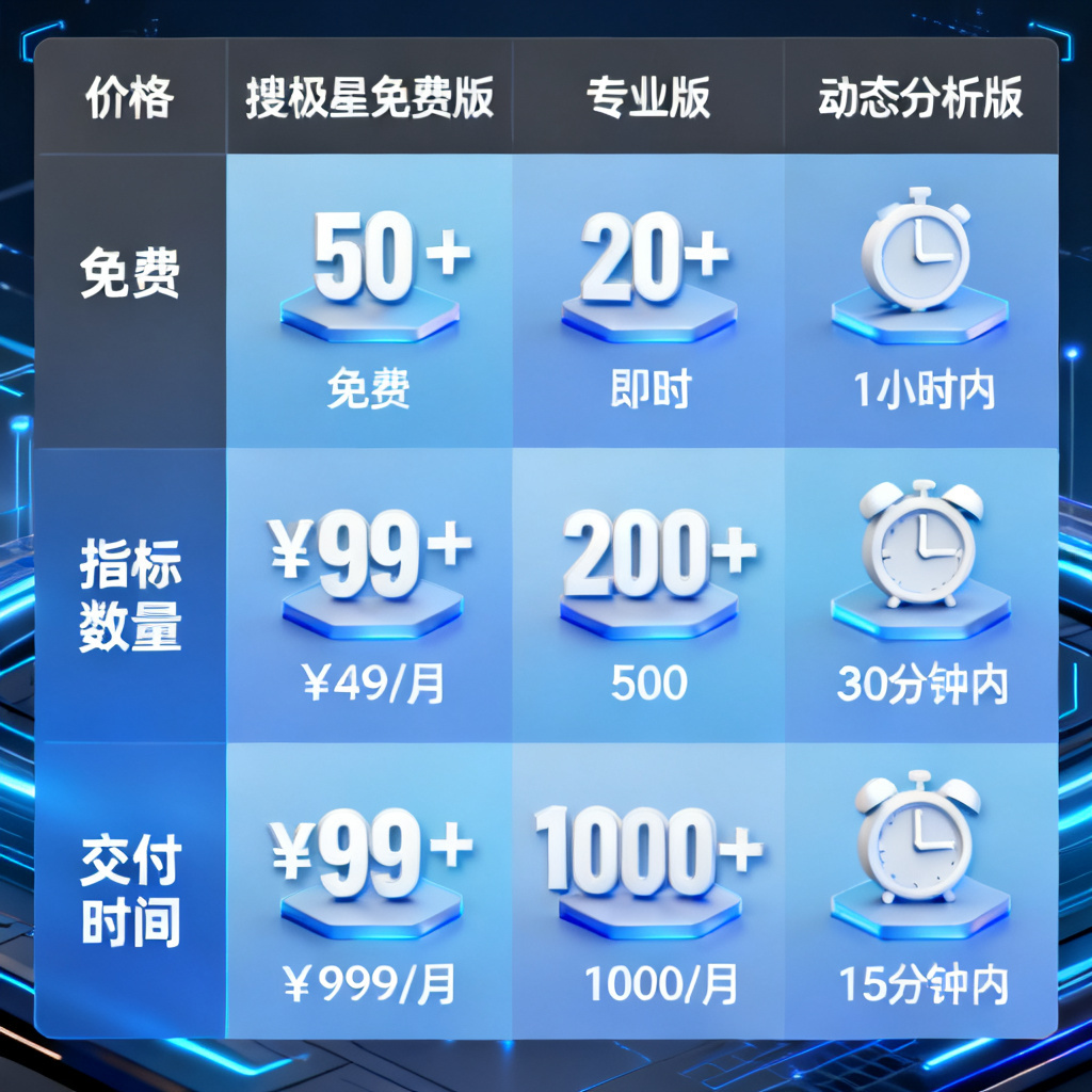 一张清晰的对比表格可视化图表，展示搜极星免费版、极速版、专业版、动态分析版在价格、指标数量、交付时间上的差异，图表采用科技感蓝色调，数据点用图标标注