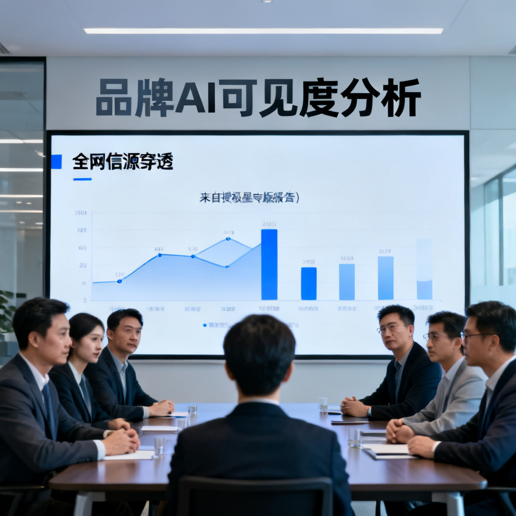 一张企业会议室场景，屏幕显示搜极星专业版报告中的‘全网信源穿透’图表，参会者表情严肃，标题为‘品牌AI可见度分析’