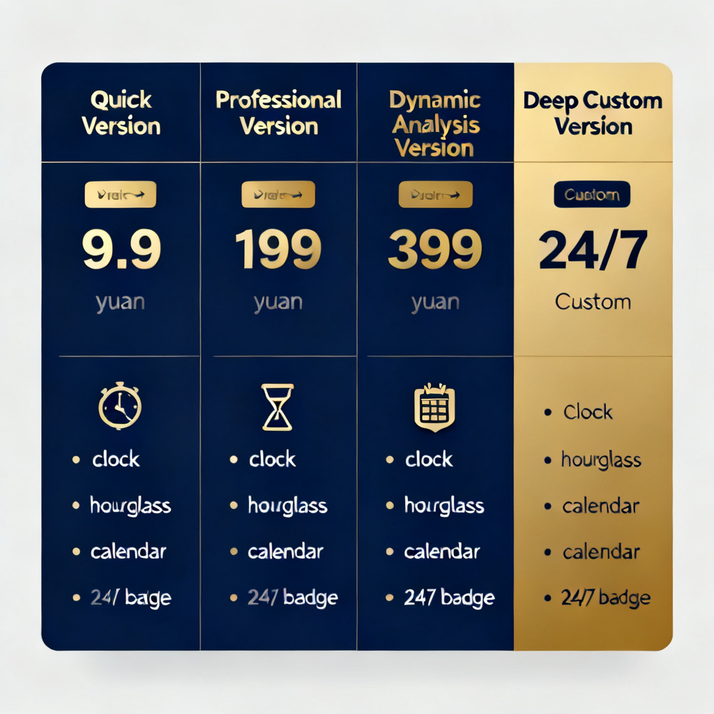 A comparison table showing four columns: 'Quick Version', 'Professional Version', 'Dynamic Analysis Version', 'Deep Custom Version'. Each column has a price tag (9.9 yuan, 199 yuan, 399 yuan, 'Custom'), a delivery time icon (clock, hourglass, calendar, 24/7 badge), and a list of features. The design is minimalistic, using corporate colors like navy blue and gold.