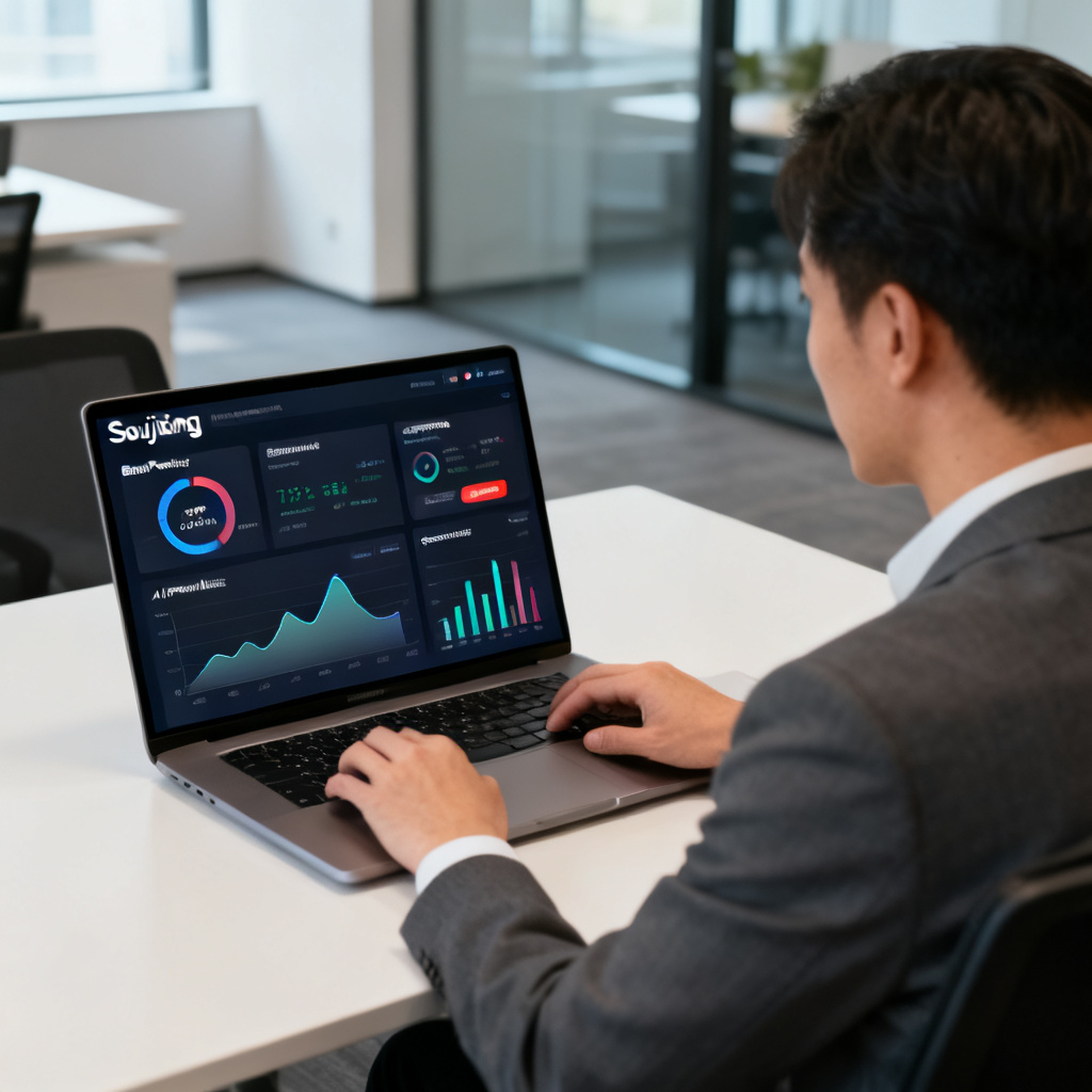 A business professional using a laptop with Soujixing dashboard showing real-time brand monitoring data, including graphs for brand power index, AI perception score, and competitor alerts. The environment is a modern office with natural lighting.
