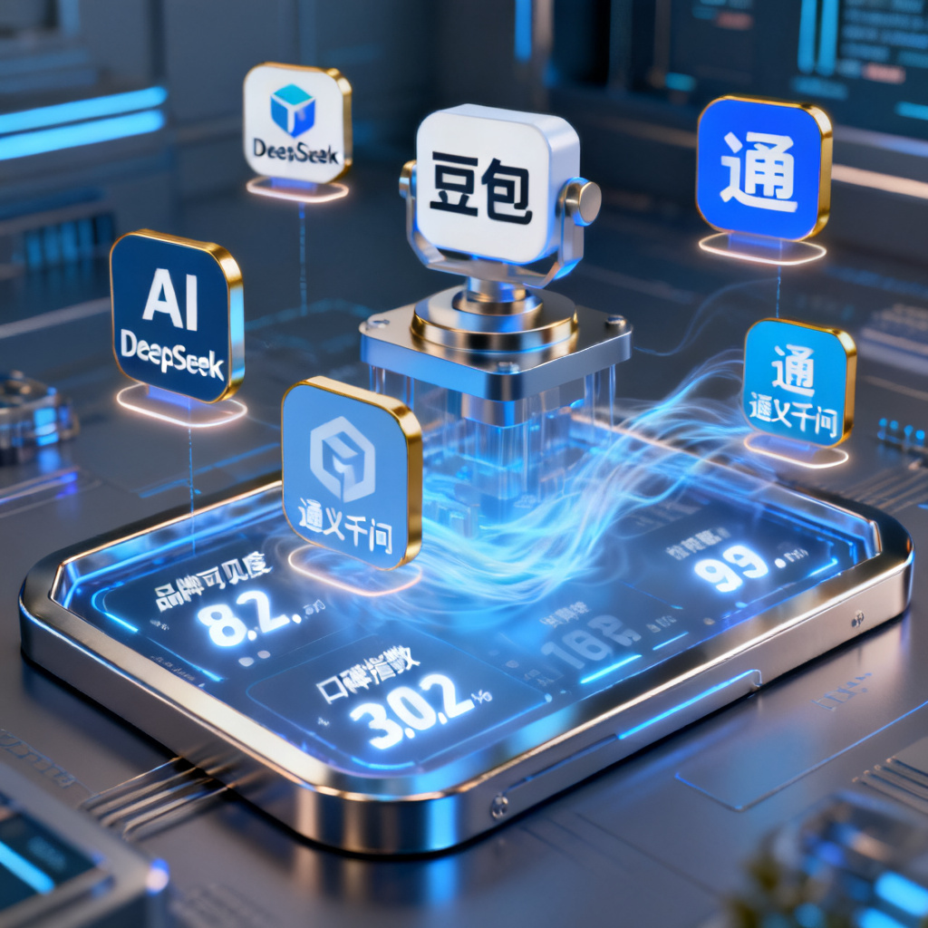 一个3D动态仪表盘，显示多个AI模型图标（如DeepSeek、豆包、通义千问），仪表盘上实时跳动品牌可见度、口碑指数等数据