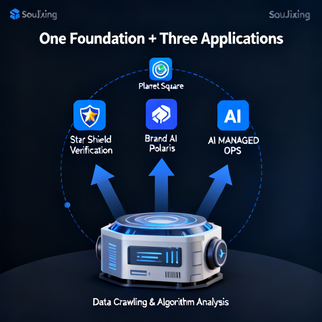 An infographic showing the "One Foundation + Three Applications" architecture of SouJixing: a large data engine at the bottom labeled "Data Crawling & Algorithm Analysis", with three upward arrows leading to icons representing "Star Shield Verification", "Brand AI Polaris", and "AI MANAGED OPS", with a circular "Planet Square" icon surrounding them